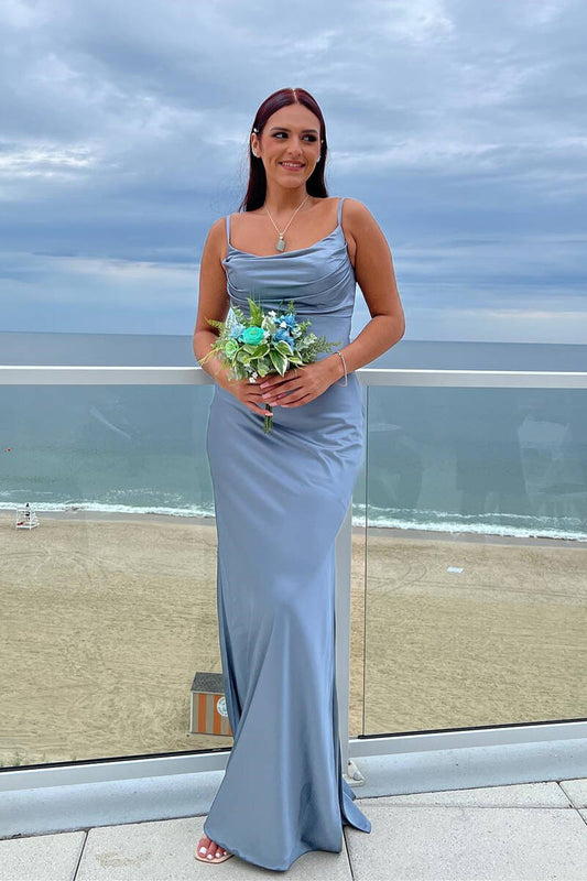 Cowl Neck Dusty Blue Long Bridesmaid Dress