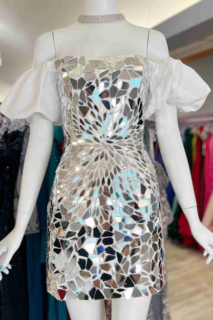 Off the Shoulder Silver Cut Glass Mirror Homecoming Dress