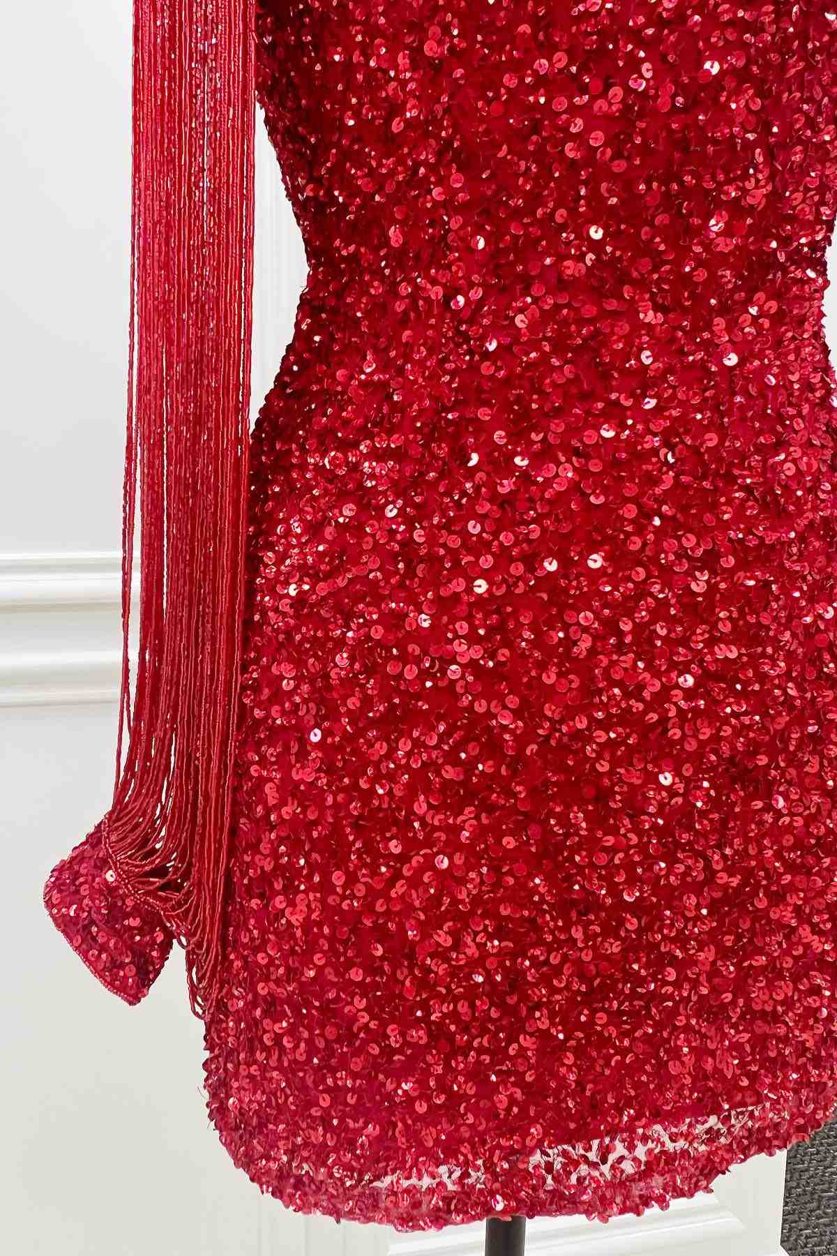 Beaded Long Sleeve Red Sequins Mini Homecoming Dress