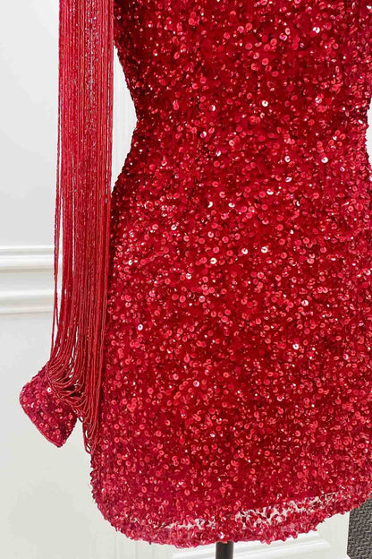 Beaded Long Sleeve Red Sequins Mini Homecoming Dress