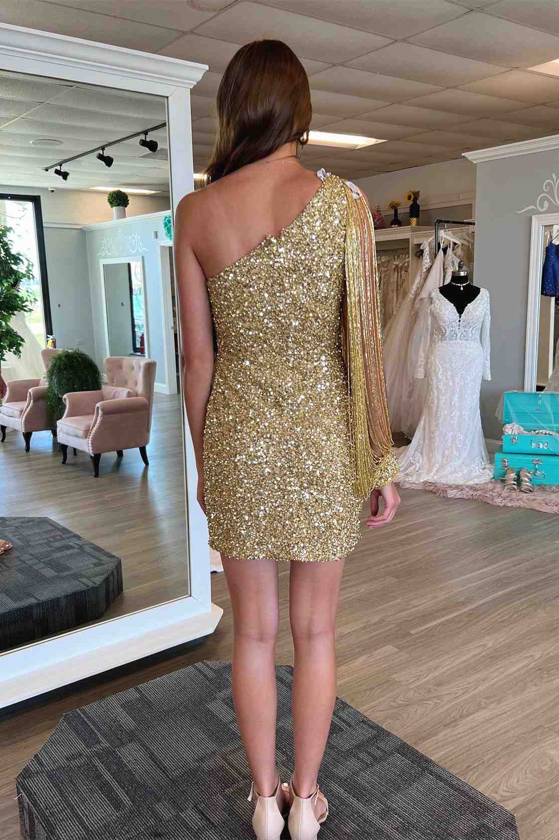Beaded Long Sleeve Red Sequins Mini Homecoming Dress