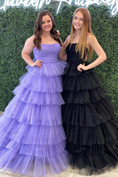 A-line Strapless Pleated Multi-Layers Tulle Long Prom Dress