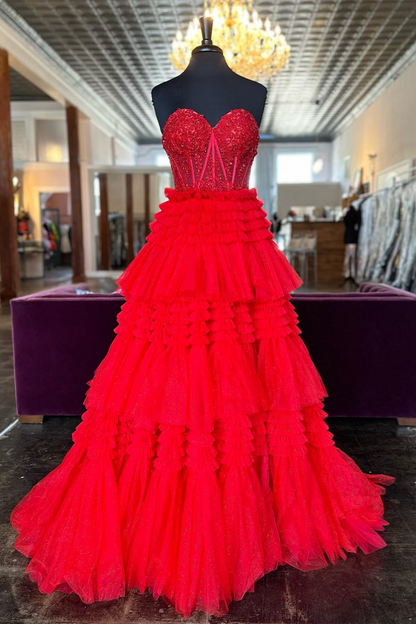 Red Sweetheart Sequins Top Multi-Layers Prom Dress