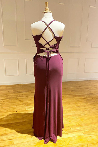 Lace-Up Burgundy Pleated Chiffon Bridesmaid Dress