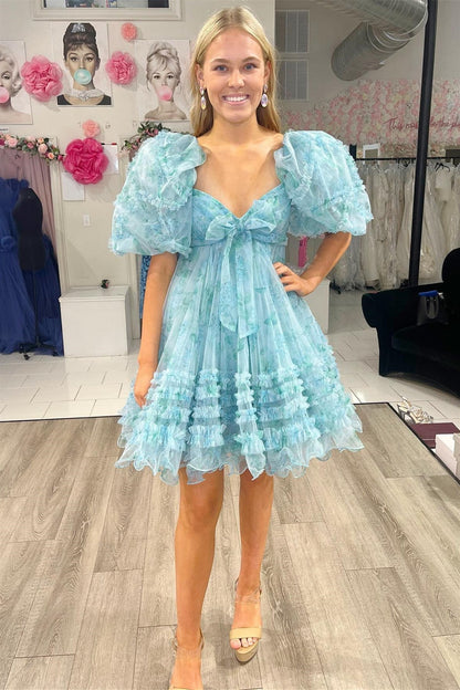 Blue Floral Print Short Baby Doll Homecoming Dress with Balloon Sleeves
