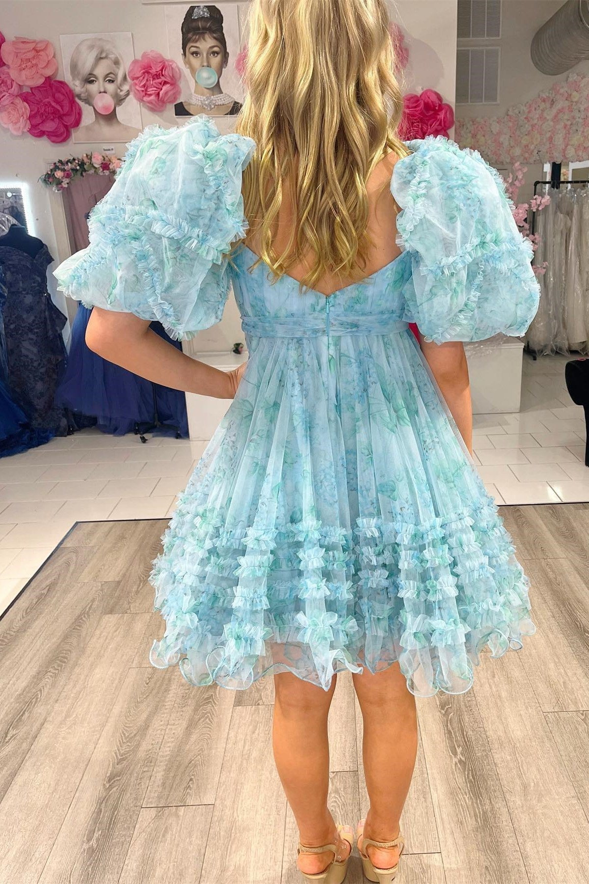 Blue Floral Print Short Baby Doll Homecoming Dress with Balloon Sleeves