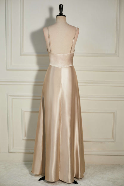 Cowl Neck Champagne A-Line Long Bridesmaid Dress with Slit
