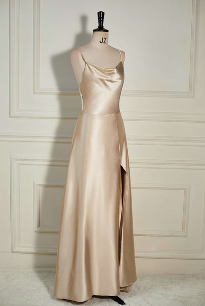 Cowl Neck Champagne A-Line Long Bridesmaid Dress with Slit