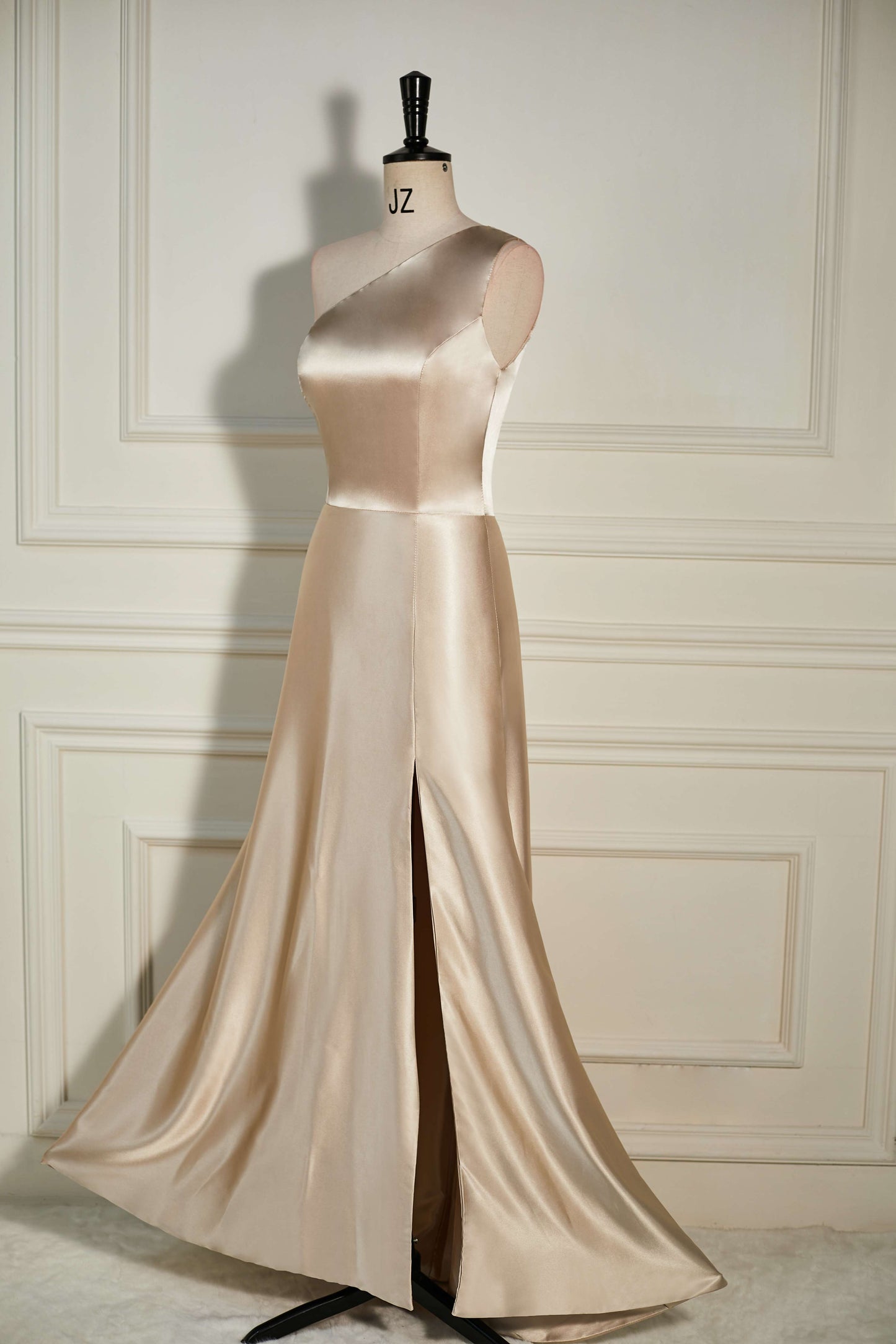 A-Line One Shoulder Champagne Slit Long Bridesmaid Dress