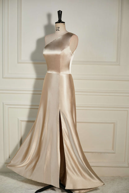 A-Line One Shoulder Champagne Slit Long Bridesmaid Dress