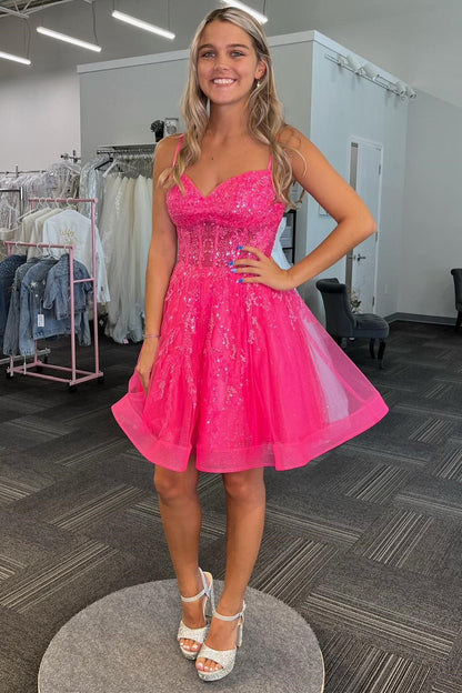 Hot Pink Straps Sequin A-Line Short Homecoming Dress