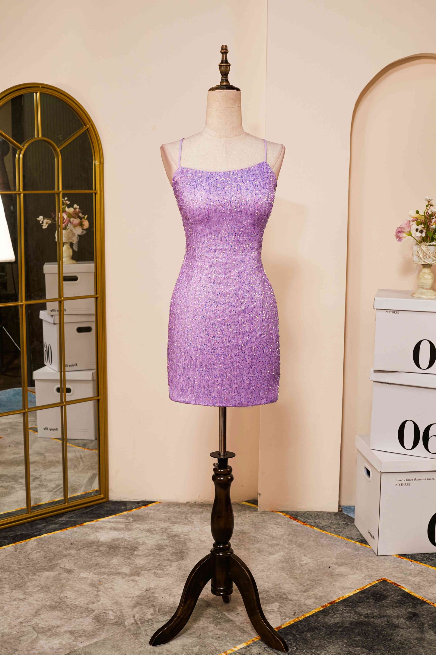 Lace-Up Lilac Sequin Tight Short Homecoming Dress