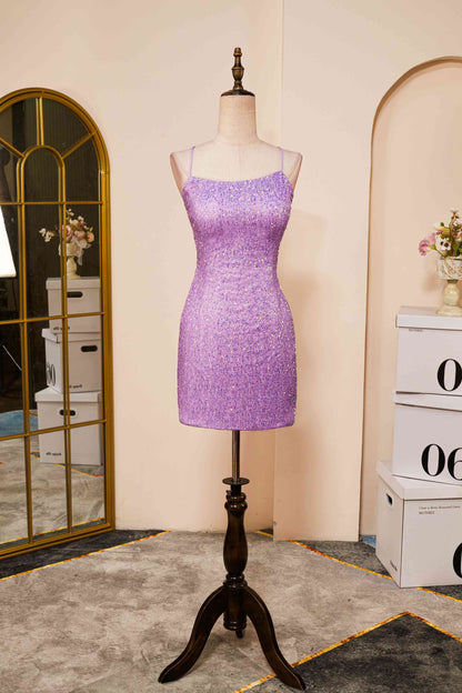 Lace-Up Lilac Sequin Tight Short Homecoming Dress