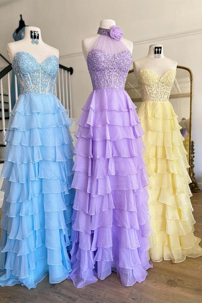 Sweetheart Red Corset Chiffon Ruffle Long Prom Dress
