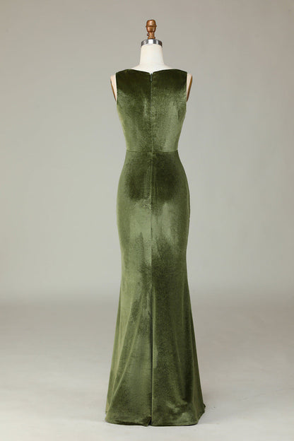 Square Neck Olive Green Velvet Slit Long Bridesmaid Dress