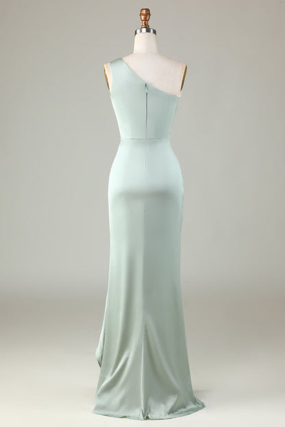 Elegant One Shoulder Matcha Ruched  Long Bridesmaid Dress