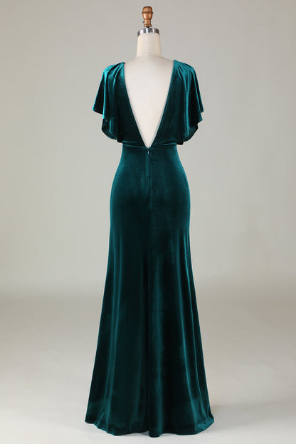 V-Neck Peacock Green Ruffle Sleeves Vlevet Bridesmaid Dress