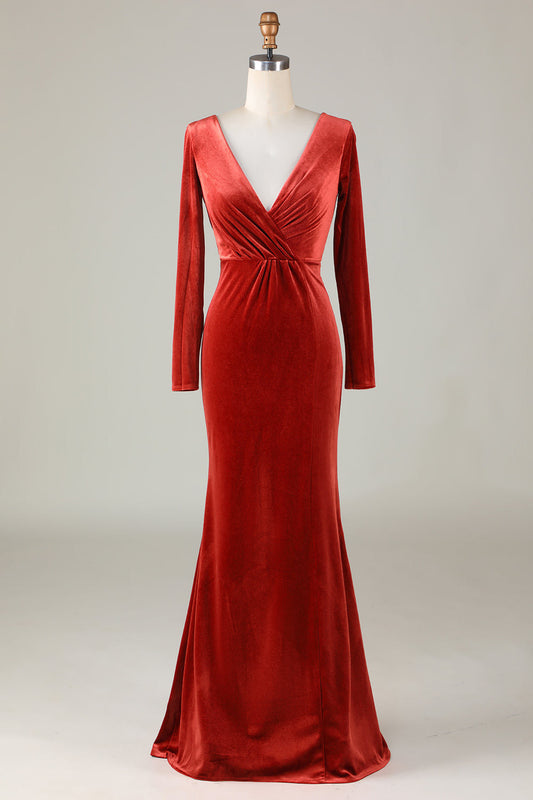 Deep V-Neck Terracotta Long Sleeves Mermaid Bridesmaid Dress