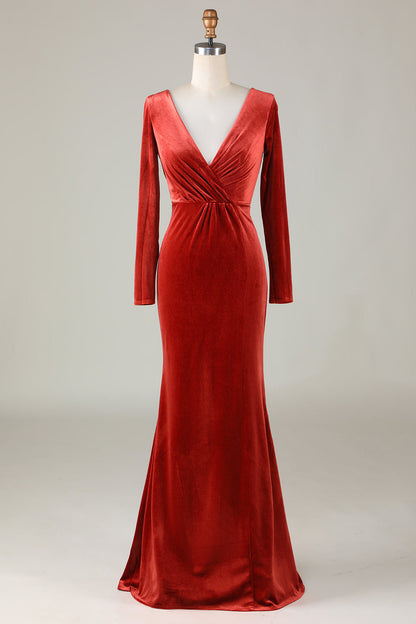 Deep V-Neck Terracotta Long Sleeves Mermaid Bridesmaid Dress