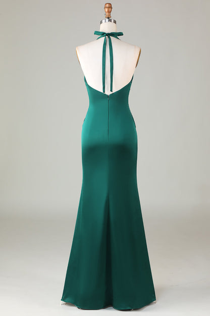 Halter Emerald Green Ruched Mermaid Bridesmaid Dress