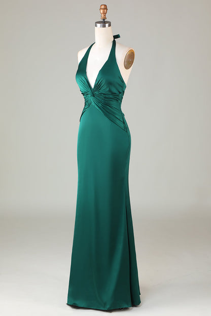Halter Emerald Green Ruched Mermaid Bridesmaid Dress
