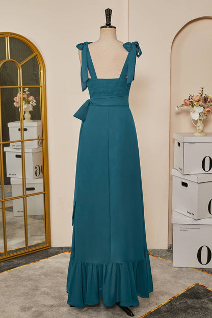 Tie Straps Teal A-Line Bridesmaid Dress with Detachable Sash