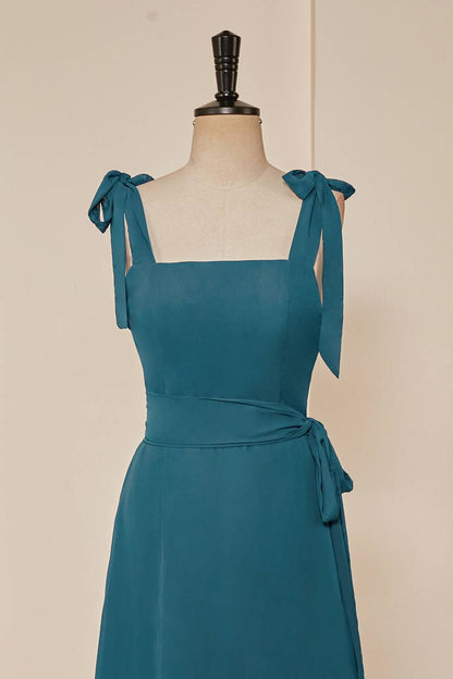 Tie Straps Teal A-Line Bridesmaid Dress with Detachable Sash
