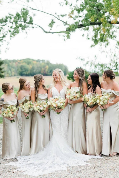 Off the Shoulder Dark Green Long Bridesmaid Dress with Slit