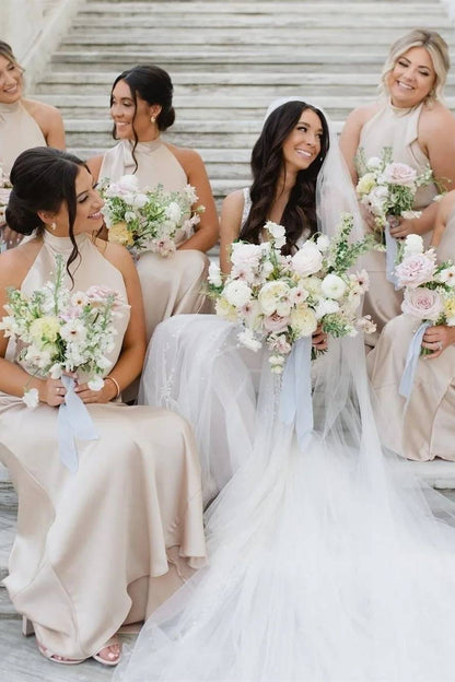 Elegant High Neck Dusty Rose Long Bridesmaid Dress