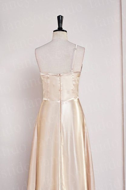 Champagne One Shoulder Satin Midi Bridesmaid Dress