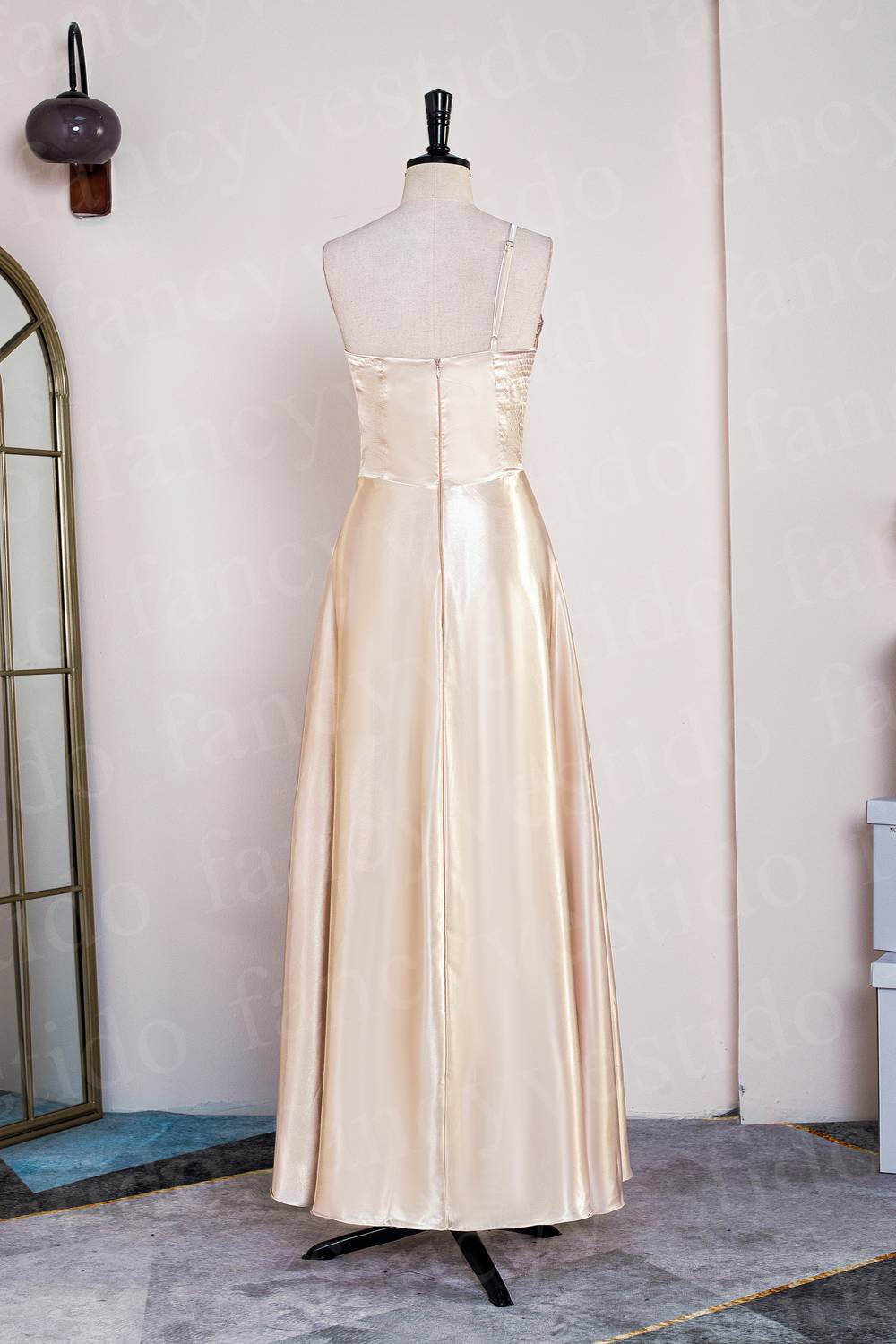 Champagne One Shoulder Satin Midi Bridesmaid Dress