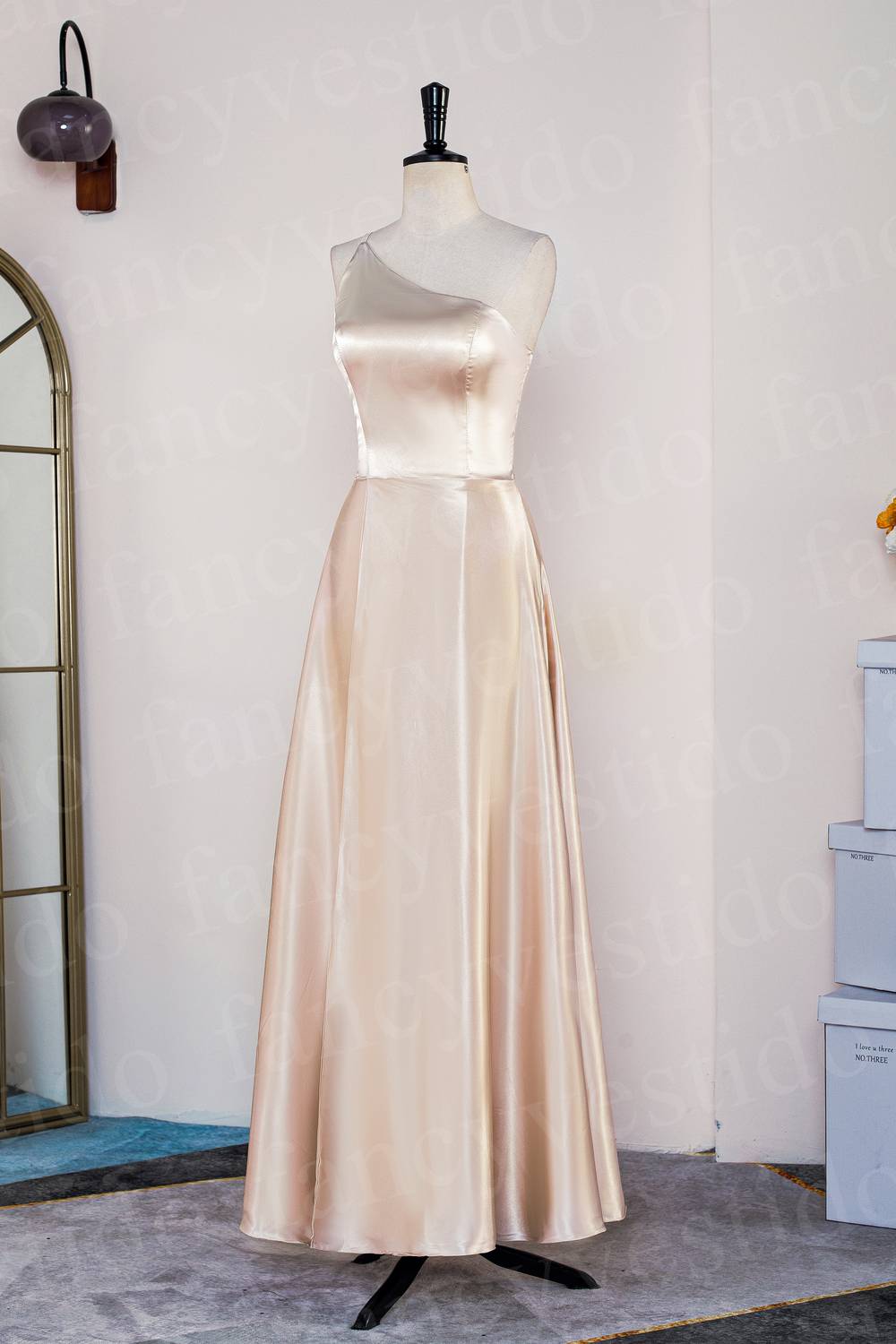 Champagne One Shoulder Satin Midi Bridesmaid Dress