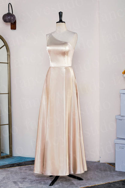 Champagne One Shoulder Satin Midi Bridesmaid Dress