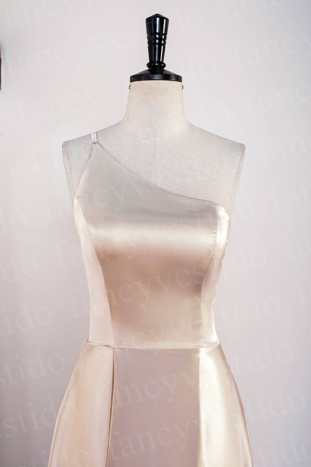 Champagne One Shoulder Satin Midi Bridesmaid Dress
