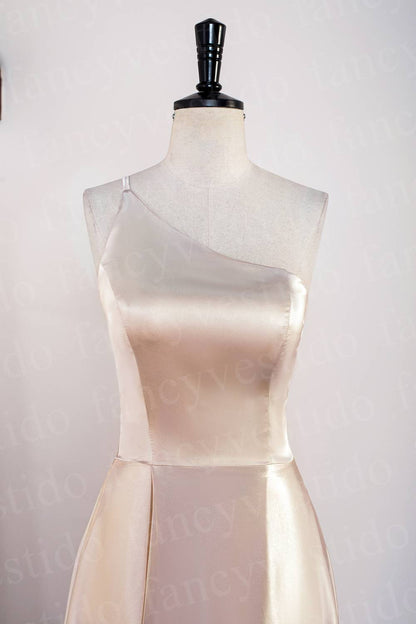 Champagne One Shoulder Satin Midi Bridesmaid Dress