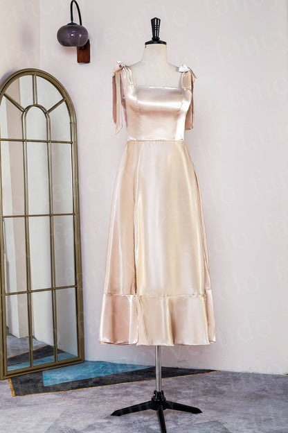 Tie Shoulder Champagne Slit Midi Bridesmaid Dress