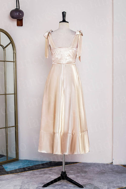 Tie Shoulder Champagne Slit Midi Bridesmaid Dress