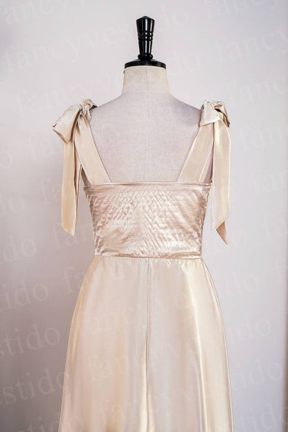 Tie Shoulder Champagne Slit Midi Bridesmaid Dress