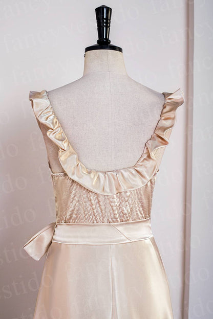 Champagne Square Neck Ruffle Midi Bridesmaid Dress