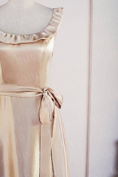 Champagne Square Neck Ruffle Midi Bridesmaid Dress
