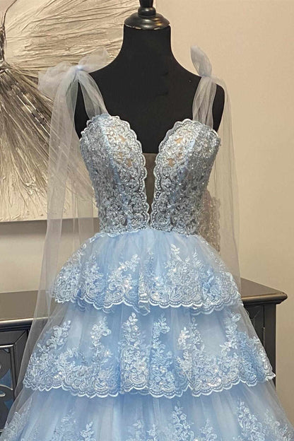 Tie Straps Light Blue Plunging Neck Layered Prom Dress with Appliques