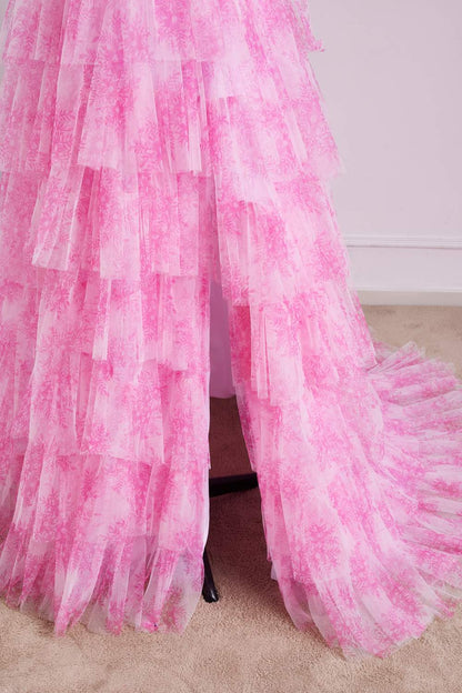 V-Neck Pink Floral Print Bow Tie Straps Ruffle Prom Dress