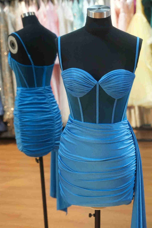 Blue Straps Pleated Sheath Mini Dress with Ruffles