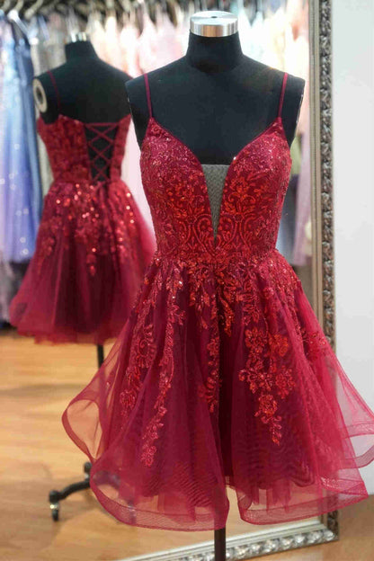 Burgundy Plunging Neck Straps Appliques Short Party Dress