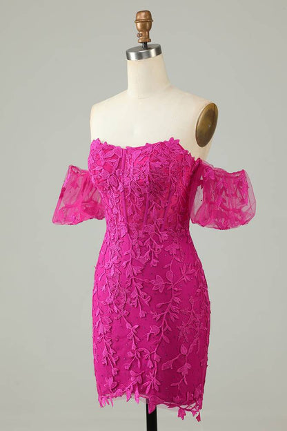 Off-Shoulder Fuchsia Appliques Bodycon Homecoming Dress