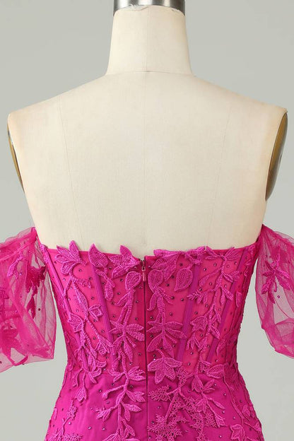 Off-Shoulder Fuchsia Appliques Bodycon Homecoming Dress