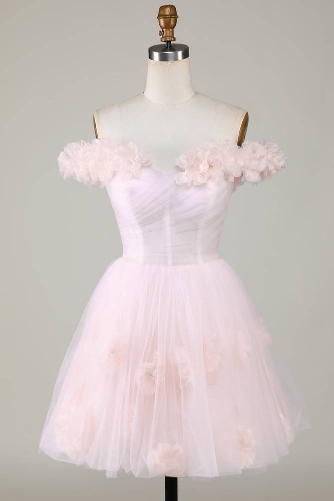 Off the Shoulder Lilac 3D Floral Short Party Dress