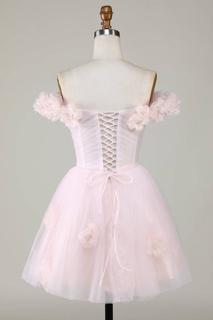 Off the Shoulder Lilac 3D Floral Short Party Dress