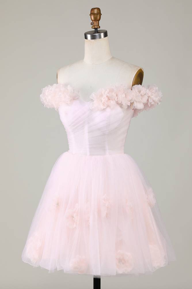 Off the Shoulder Lilac 3D Floral Short Party Dress