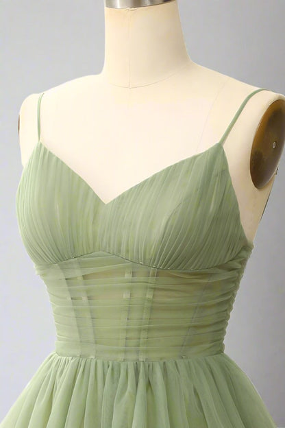 A-Line V-Neck Sage Green Pleated Short Homecoming Dress